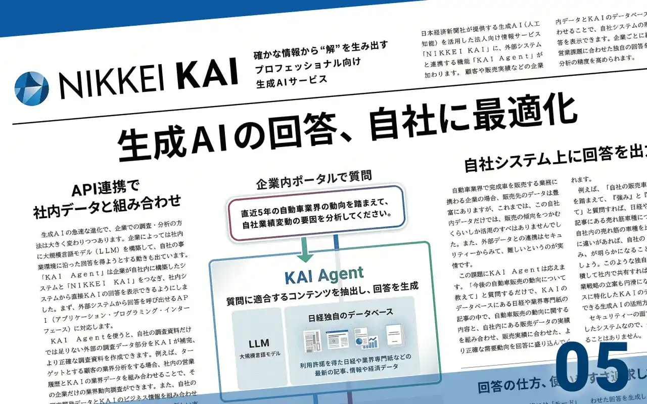 API連携で業務効率を高める生成AI「NIKKEI KAI」‐企業システムと連携できる「KAI Agent」の画像